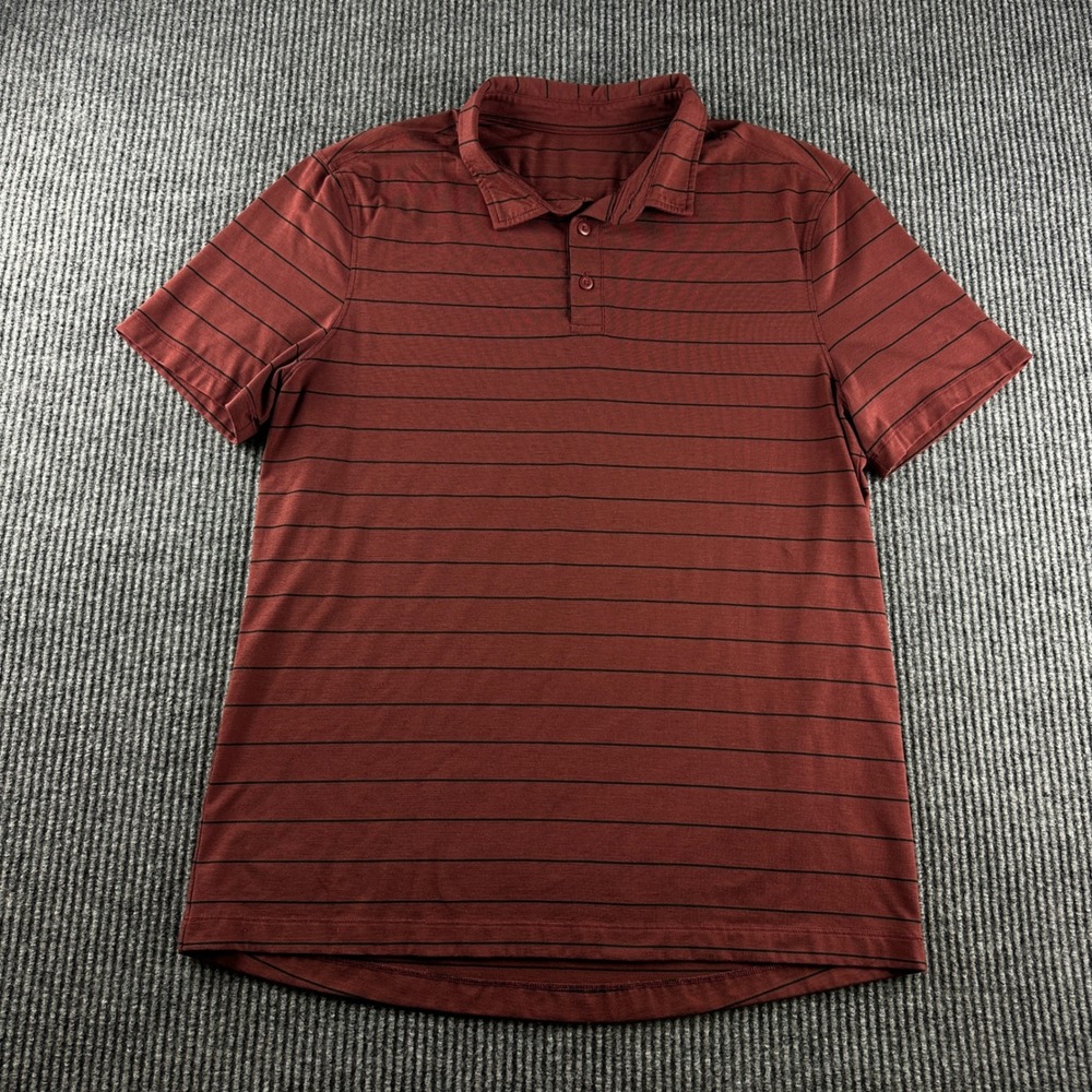 Lululemon Mens Striped Polo Shirt Burgundy Maroon Short Sleeve Golf Top